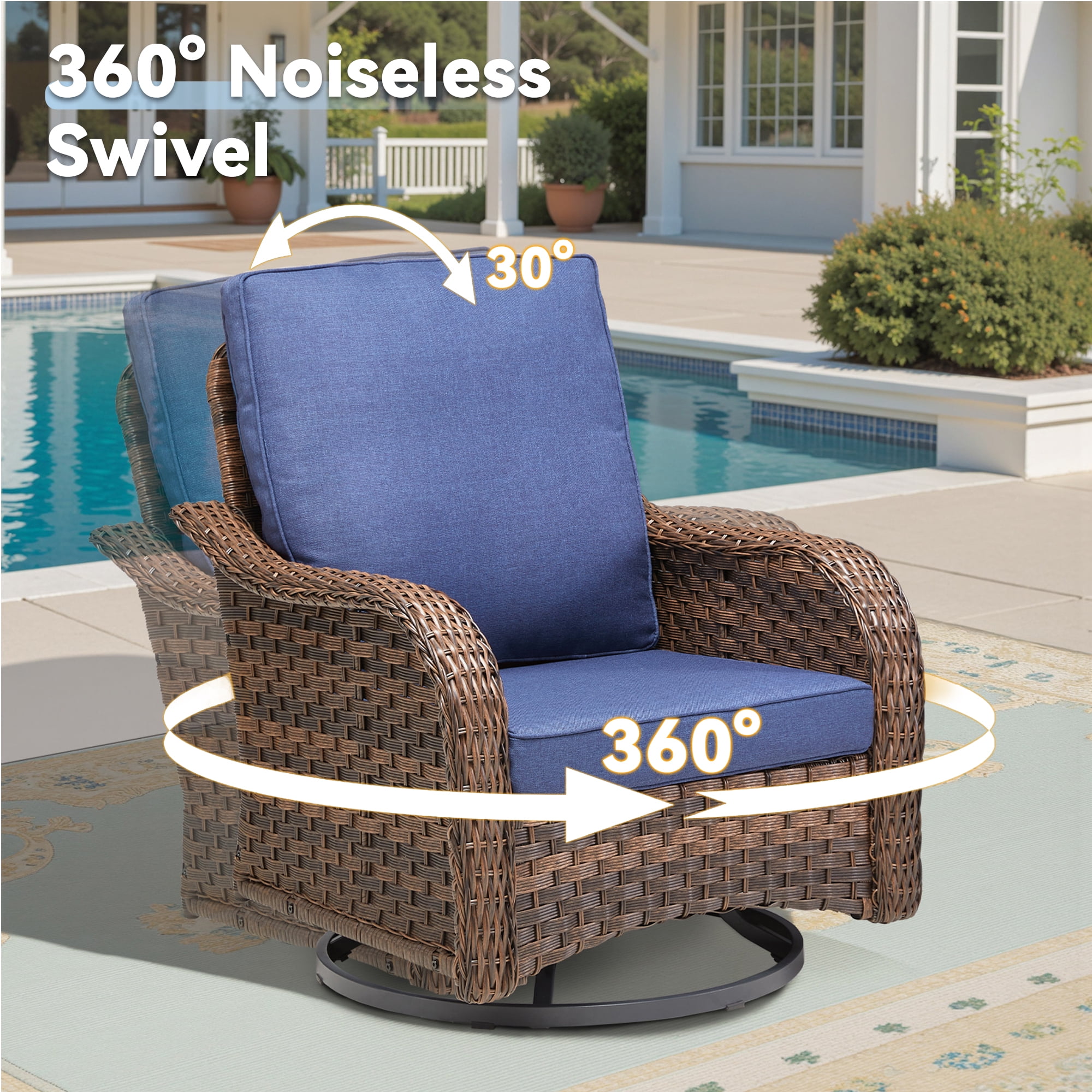 Lumiinofami Patio Wicker Furniture Set of 5, Outdoor Swivel Rocking Chairs and Ottomans Set with Blue Cushions for Porch Garden Balcony