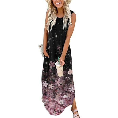 

cllios Fashion Women Summer Casual Print Dress O-Neck Sleeveless Loose Long Dress for Women 2022