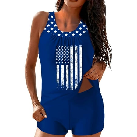 Lroveb Tankini Swimsuits for Women Independence Day American Flag Graphic Bathing Suits Two Piece Swim Tank Top With Boyshorts Ladies Swimwear 4th of July Swim Suit