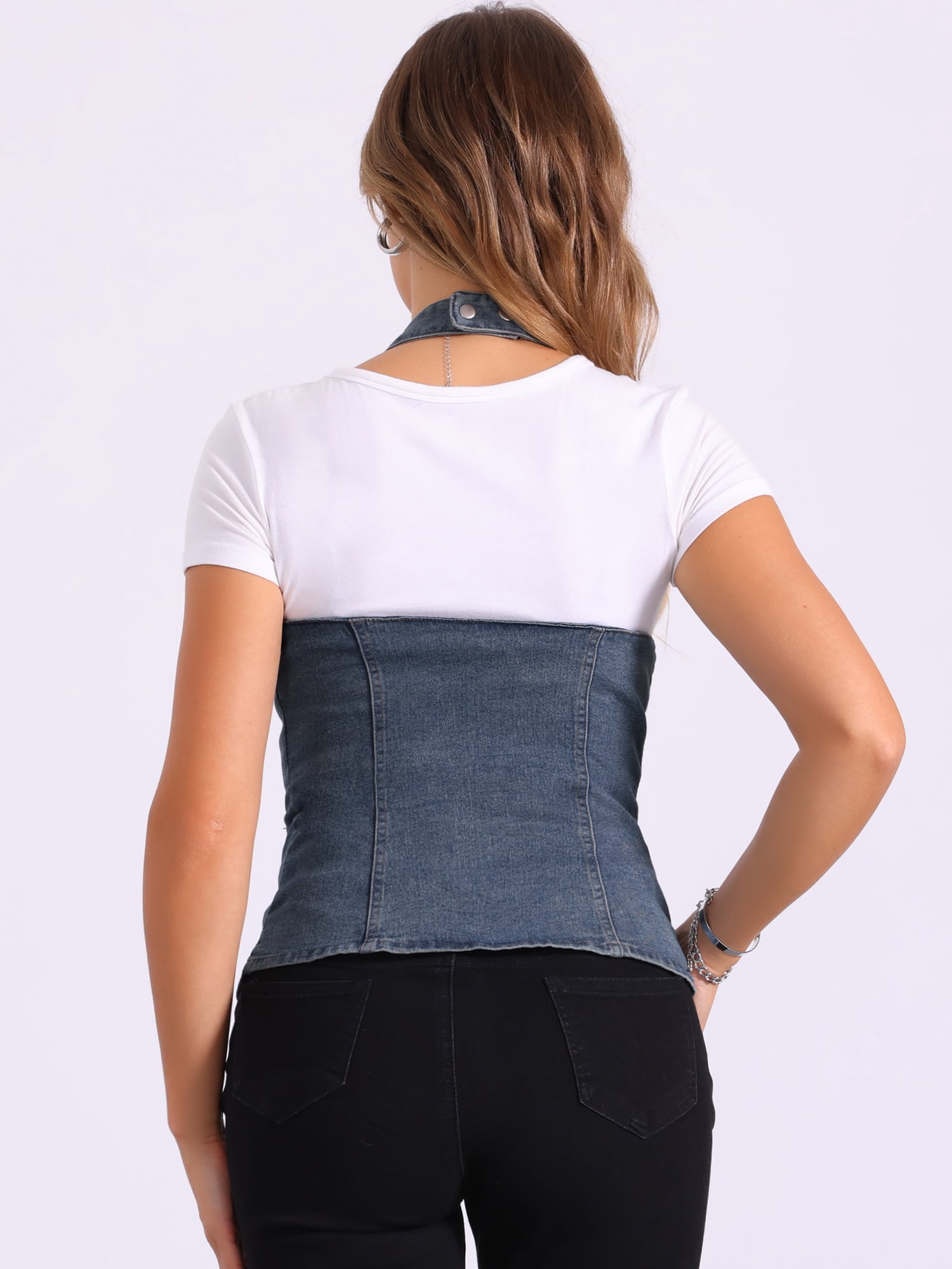 DARING DIVA Women's Halter Neck Button Down Backless Jean Waistcoat XS Gray Blue