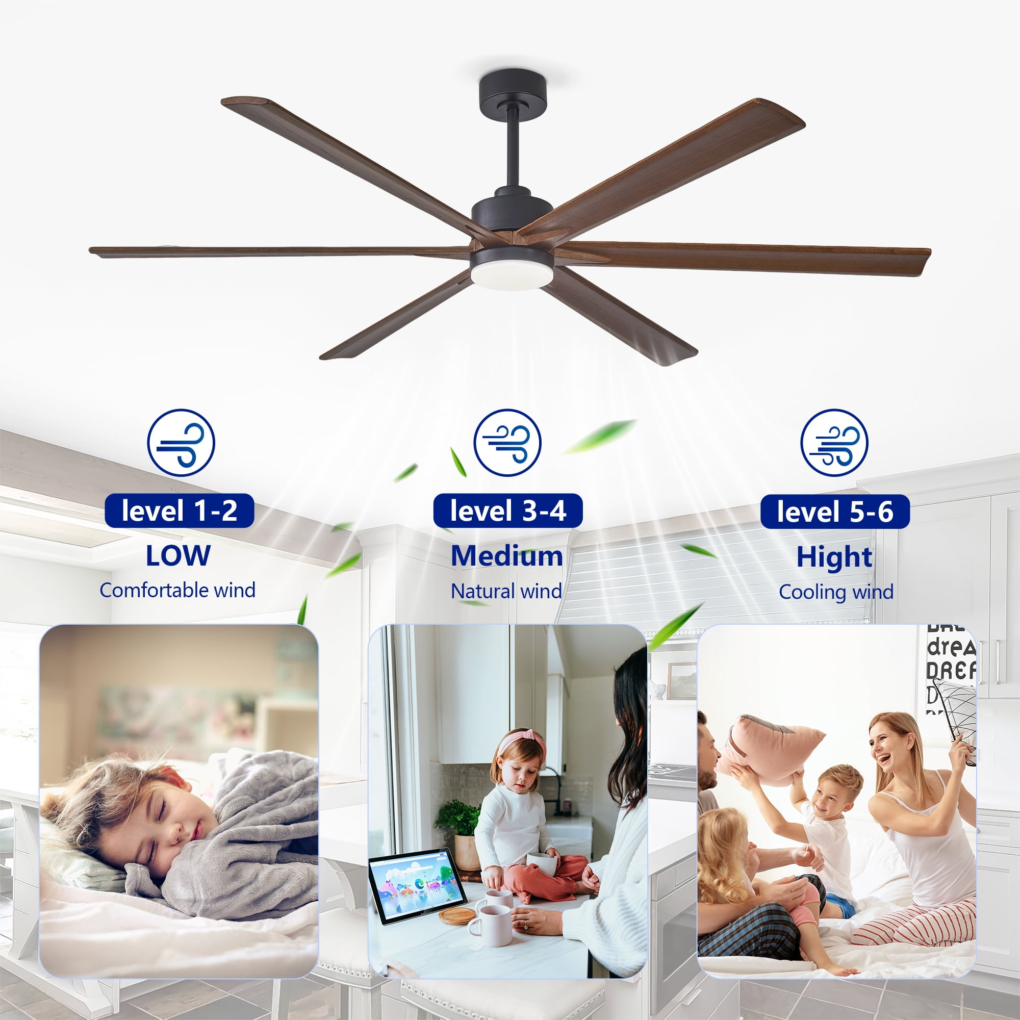 Leumius 70" Ceiling Fan with Lights Quiet DC Motor Ceiling Fans 6 Speed Levels,Reversible Ceiling Fan for Patio Living Room Bedroom Black + Red Walnut