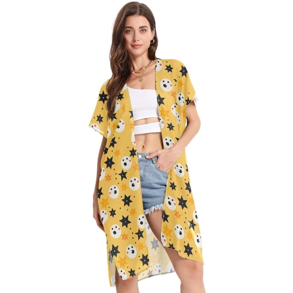 Beach Vacation Clothes Kimono Cardigan Loose Swimsuit Cover Up for Women Start and Ghost S