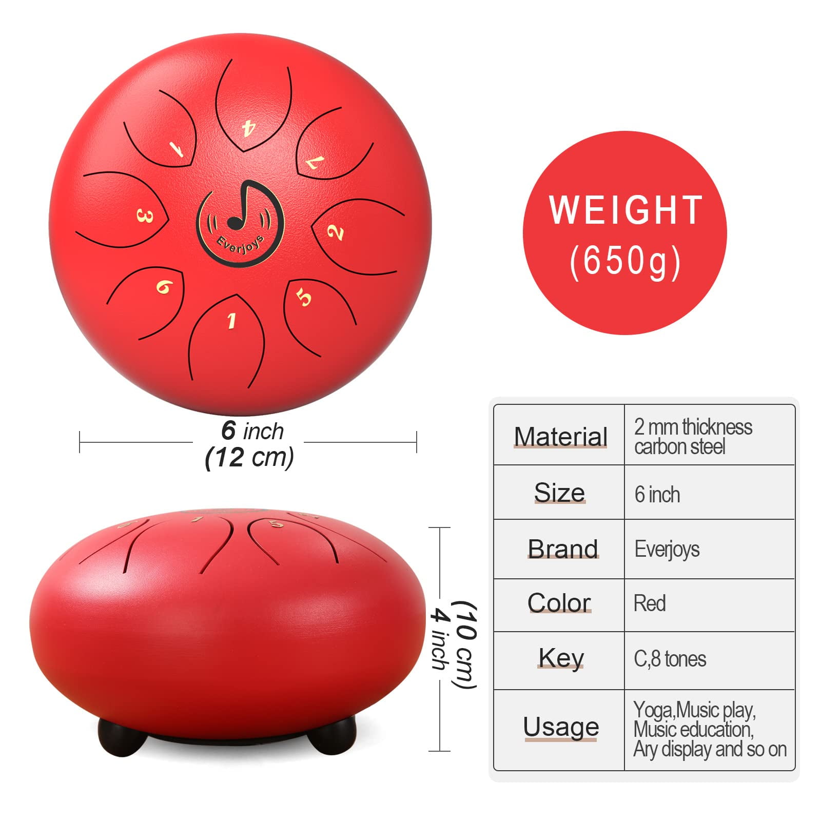 EVERJOYS Steel Tongue Drum, 8 Notes 6 Inches C-Key Handpan Drum Percussion Instrument w/Gig Bag, Music Book and Mallets for Beginner Meditation Healing Concert Yoga Steel Drum,Red