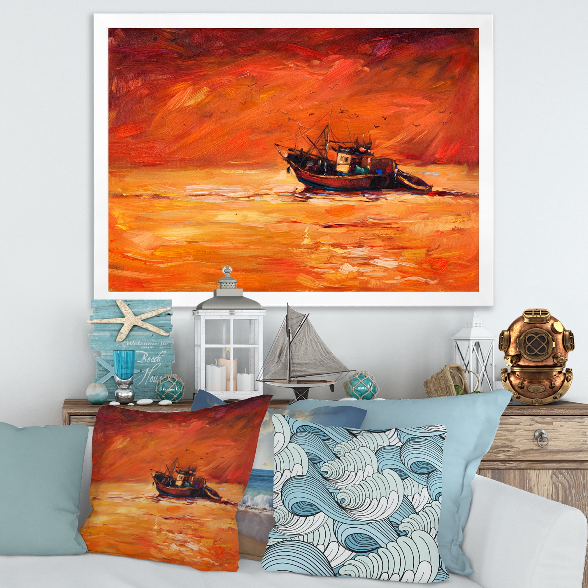 Fishing Boat During Red Evening Glow 32 in x 24 in Framed Painting Canvas Art Print, by Designart