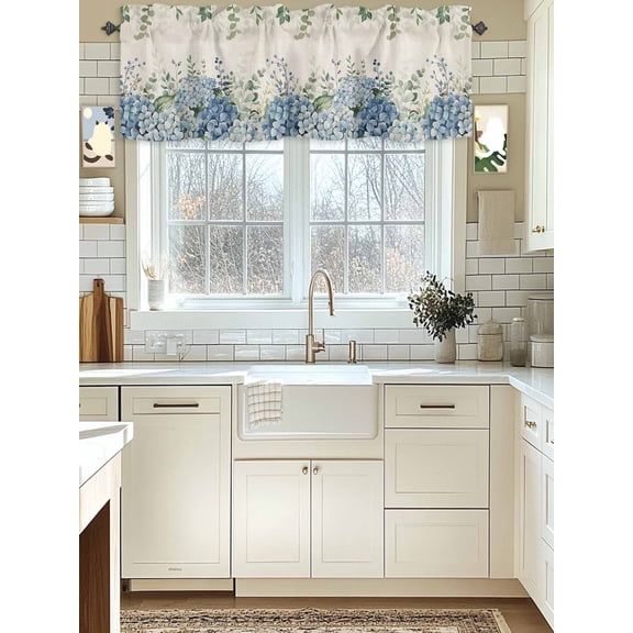Kitchen Valance 54x18in, Blue Hydrangea Flower Green Eucalyptus Leaves Light Filtering Rod Pocket Valances for Windows, Retro Linen Short Curtains for Bedroom Bathroom Home Decoration