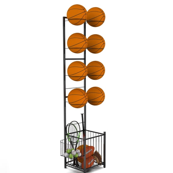 Vertical Ball Storage Rack – 8-Ball Holder with 2 Baskets for Basketball, Soccer, Volleyball, Football, Rackets (Black, Garage, Indoor, Outdoor)