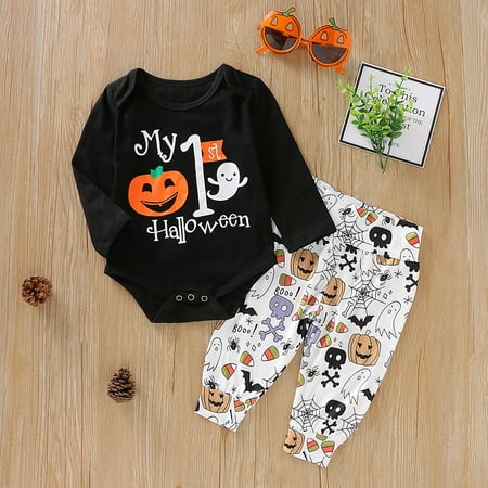 2PSC Newborn Baby Boys Girls 1st Halloween Clothes Pumpkin Romper+Pants Outfits