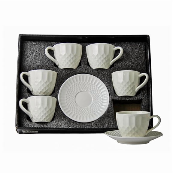 12 piece set Hand Made Coffee Tea Cups Mugs With Saucers Large W/Handles White Square Diamond