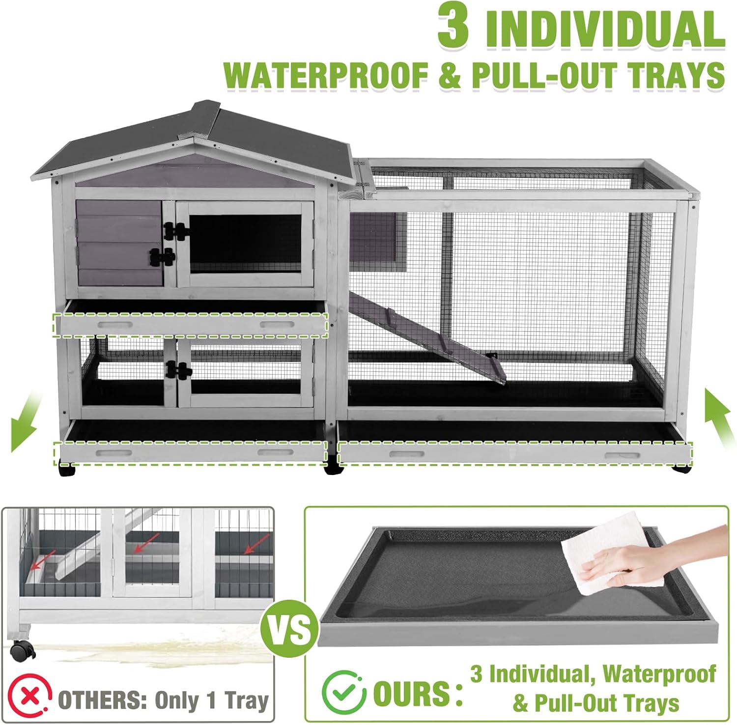 Aivituvin 2-Story Rabbit Hutch Indoor Large Bunny Cage with Chew-Proof Ramp - Wooden Rabbit Cage Outdoor with 6 Lockable Caster Wheels & Dual Pull-Out Trays for Rabbits, 62"L x 22.6"W x 33.5"H (Grey)