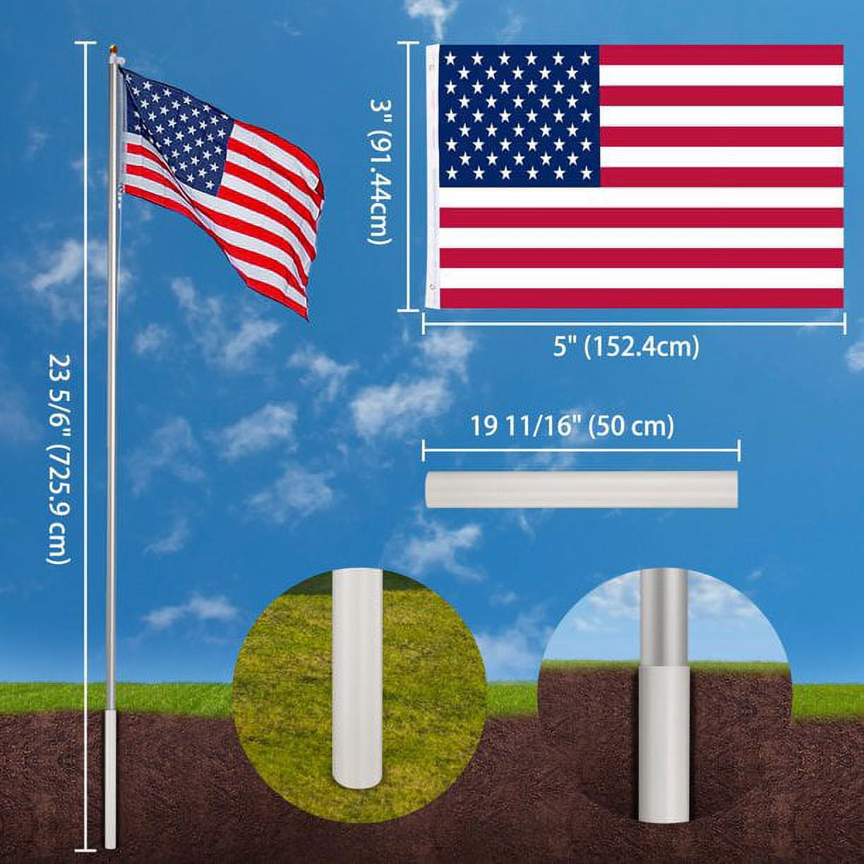 SALE CLEARANCE 25FT Black Flag Pole Kit with 3'x5' American Flag (2 pcs) Heavy Duty Aluminum Outdoor In ground Telescoping Flagpole for Outside Yard Residential Commercial