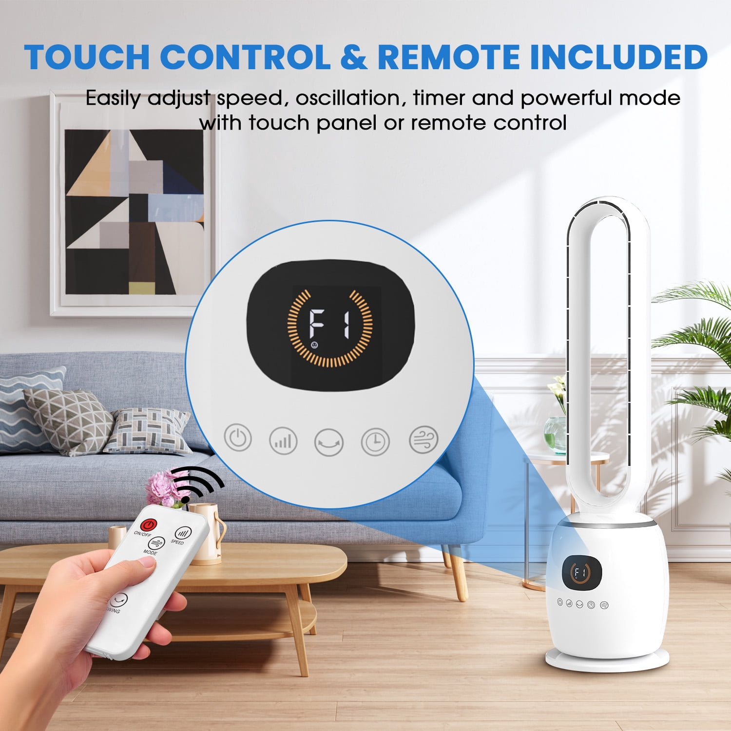 Bladeless Fans for Home, 33" Standing Floor Fan, 29 ft/S Quite Tower Fan with Remote, 90° Oscillating, 3 Modes & 3 Speeds, 12H Timer