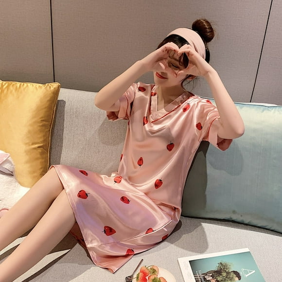 Tralilbee Nouvelle Mode Simple Chemise de Pyjama en Soie pour Femmes Col en V Satin Robe de Nuit Élégante Décontractée pour la Maison