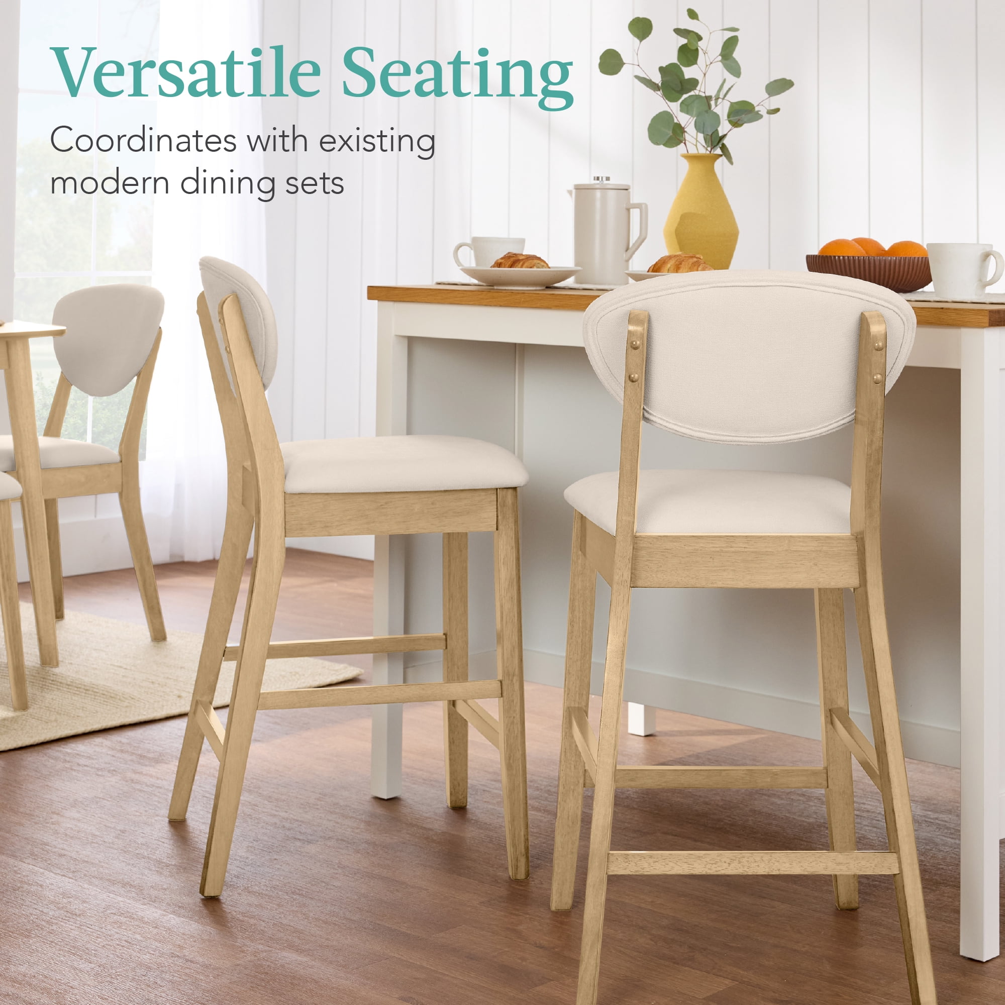 Best Choice Products Set of 2 Counter-Height Bar Stools, Armless W/Upholstered Seat Cushion & Backrest - Oak / Cream