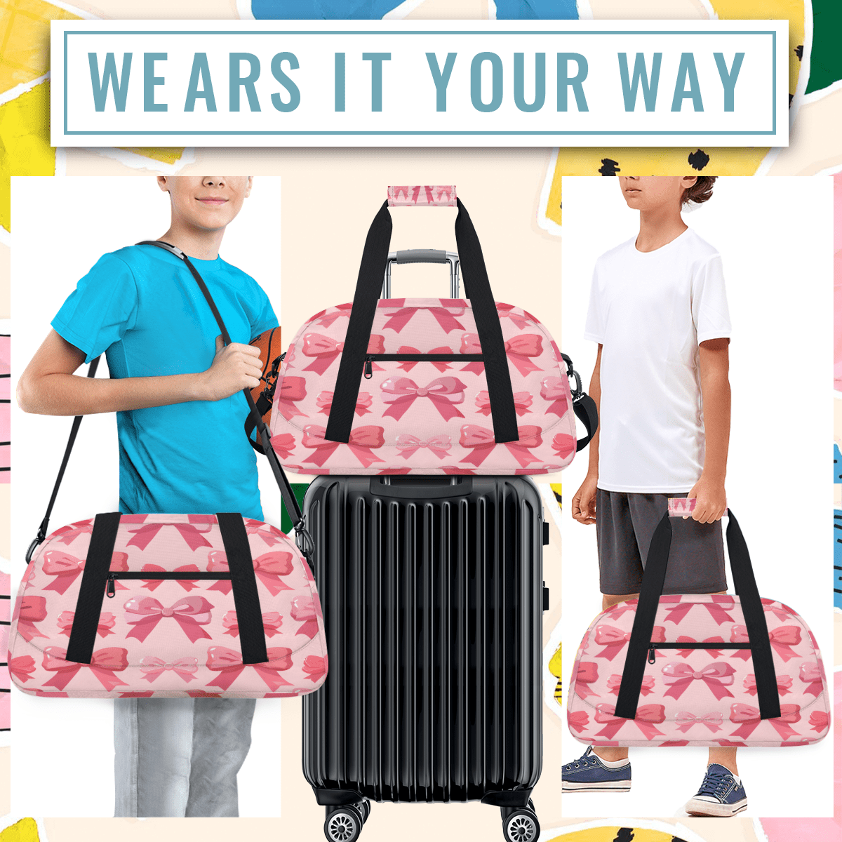 Herdesigns Pink Bow Sports Duffle Bag for Women & Men, Cute Gym Bag Dance Bag Overnight Bag Carry On Weekender Travel Bag