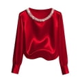 thumbnail image 3 of Women's Satin Long Sleeve Round Neck Top Blouse Shirt with Pearl Embellishment Solid Color Elegant Commuting Work Office Business Casual Outfits Fashion Essential Gift for Women, 3 of 9