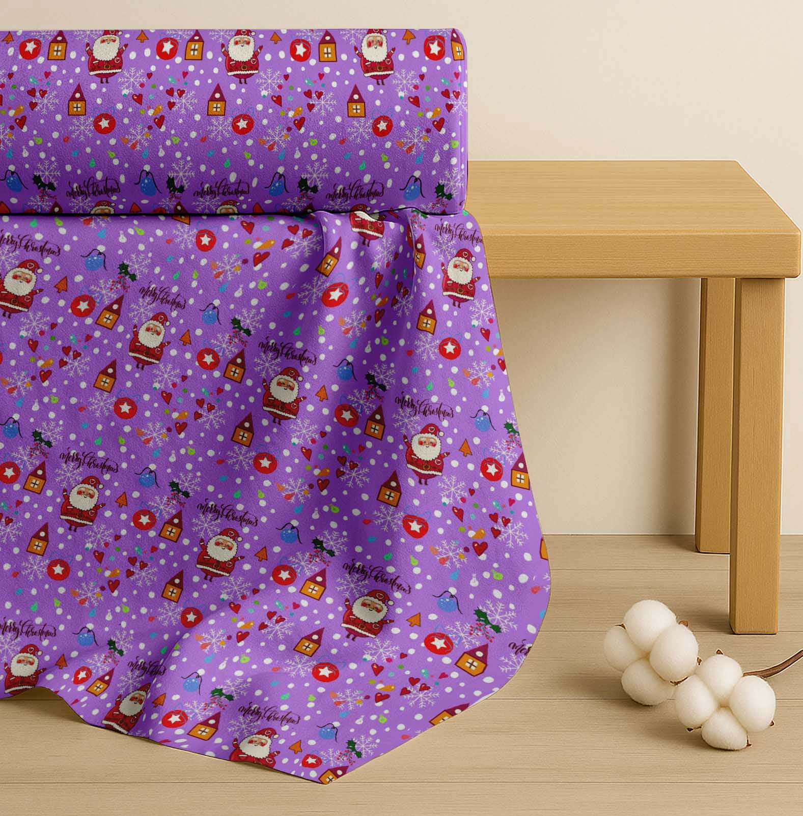 Soimoi Purple Cotton Voile Fabric Heart,Santa & Baubles Christmas Print Sewing Fabric Yard 42 Inch Wide
