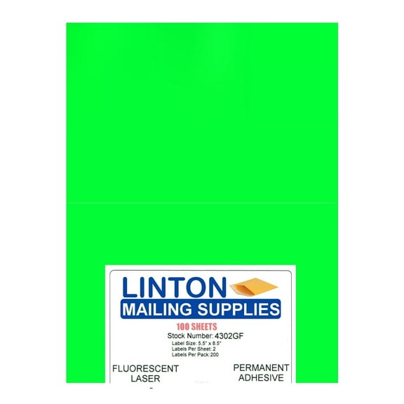 Blank Laser Labels, Fluorescent Green, 5.5" x 8.5", 2 Labels Per Sheet (8.5" x 11"), Peel and Stick, Perm Adhesive - 100 Sheets (200 Labels) Per Pack