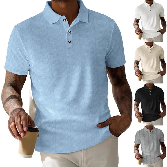 Afuyipoi Men's Jacquard Polo Shirt, Fashion Solid-Color Short-Sleeve Button-Collar Top Sky Blue Size L