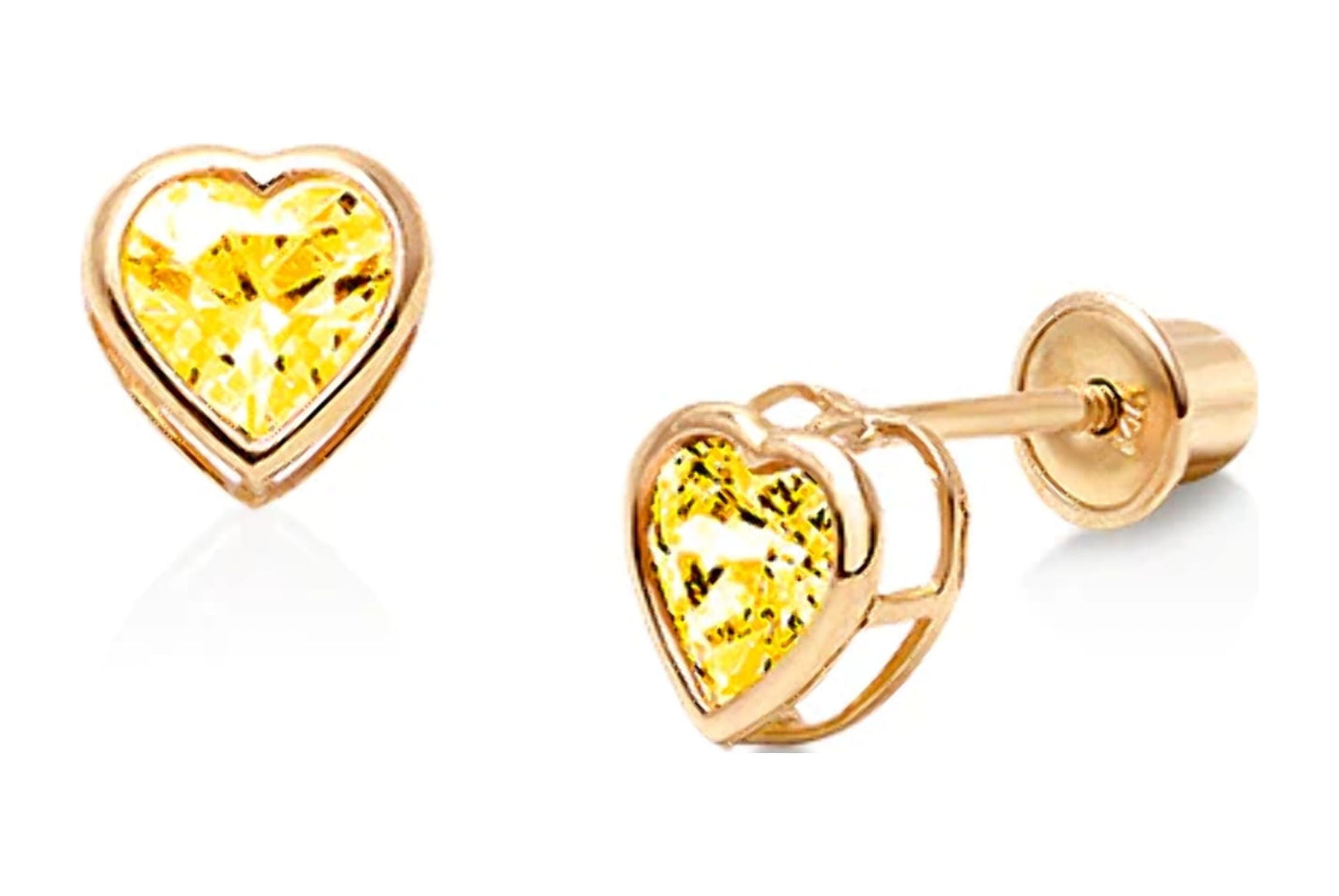 14k Yellow Gold 4mm Bezel Set Heart Cubic Zirconia Screw Back Earrings for  Baby Girls, Toddlers and Young Girls - Cute Heart Earring Studs for