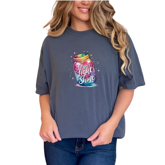 Inspirational Let Your Light Shine T-Shirt, Colorful Motivational Jar Tee, Positive Quote Shirt for Daily Wear, Uplifting Graphic Top, Denim Comfort Colors T-Shirt, Small