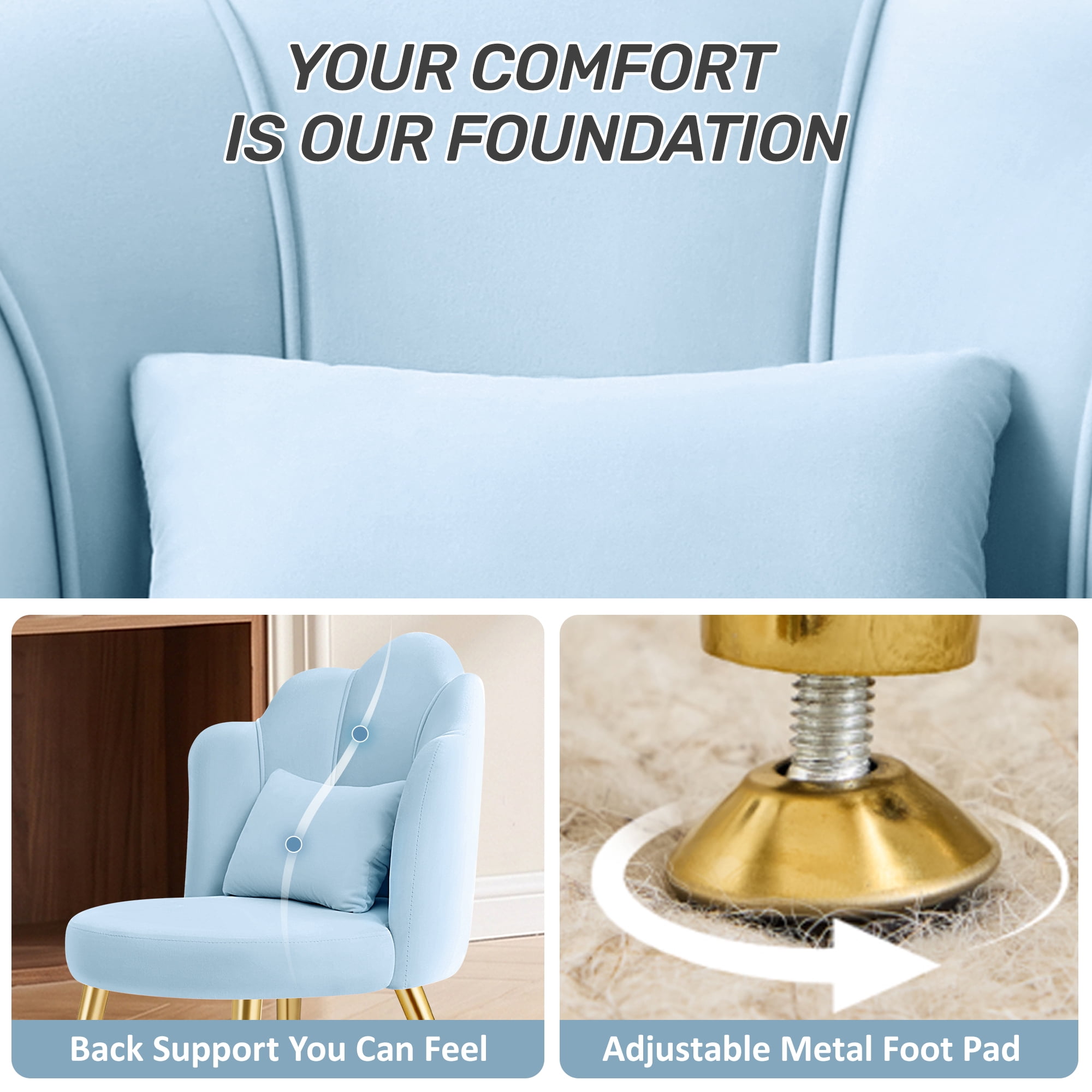 COOLHUT Petal Velvet Vanity Chair, Flower Cute Girls Mack Up Vanity Stool Chair with Lumber Pillow and Adustable Gold Legs, Upholstered Small Desk Chair for Living Room Bedroom Home Office, Blue