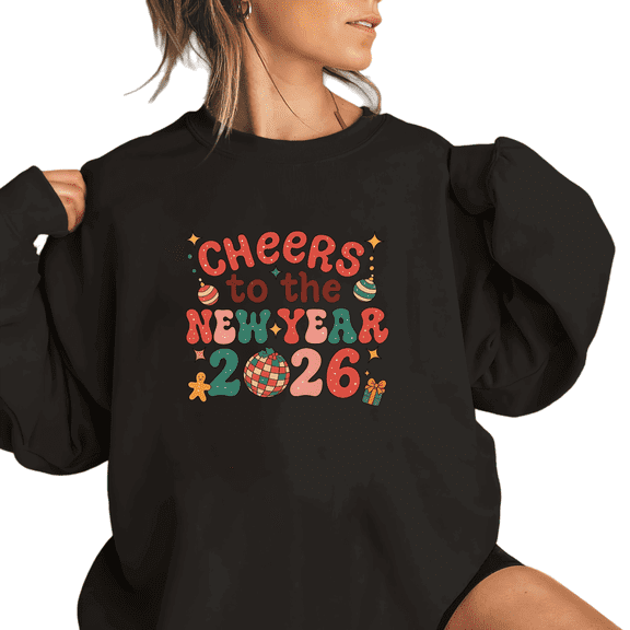 Women's Tops Black "2026 Retro Cheerful New Year Disco Ball Graphic Sweatshirt" S-3XL Festive Tops