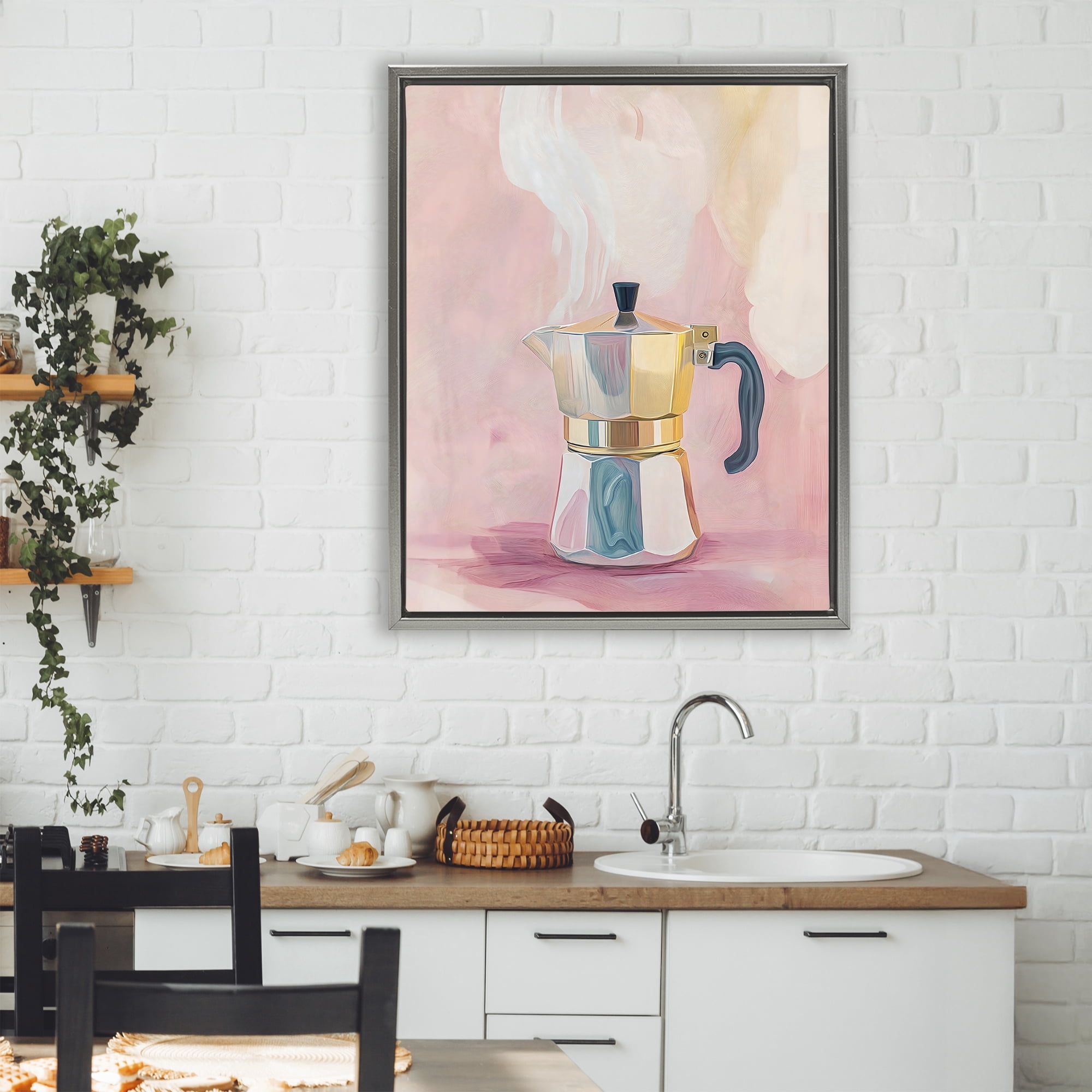 Stupell Industries Vintage Coffee Maker on Pink Gray Framed Floater Canvas Wall Art, design by The Prints Vibe