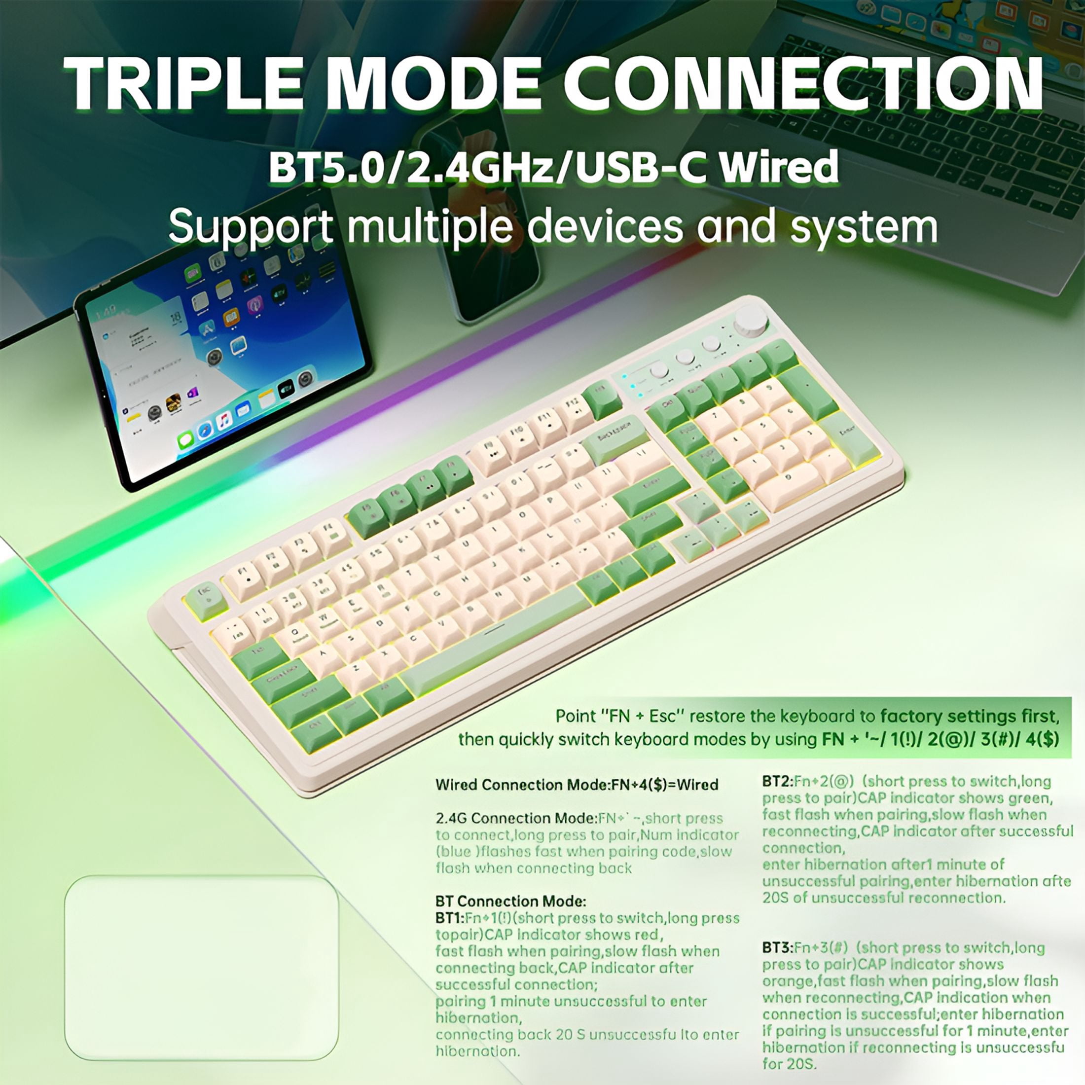 GJX Gaming Keyboard, Wireless Computer Keyboards, Tri-Mode Bluetooth/2.4Ghz/Usb-C Custom Creamy Keyboard with Number Pad, Rgb Backlit Media Knob Programmable Keyboard for Pc Gamer - Green