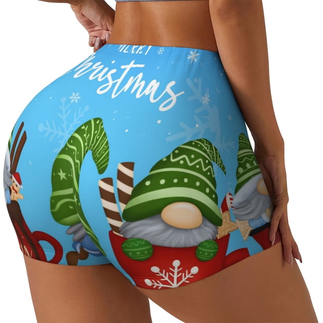 Balery Merry Christmas Gnome Pantalones cortos de entrenamiento estampados para mujer, sin costuras, ajustados, para gimnasio, yoga, correr, deportes, ejercicio activo, fitness.-Large