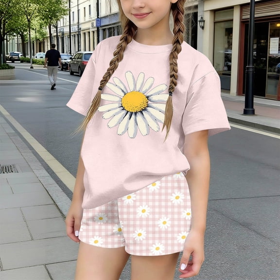 Sets for Girls Playful Patterned Top and Elastic Waist Shorts, Easy Play Clothes for Active Girls 3-15 Years Pink 7-8 Years