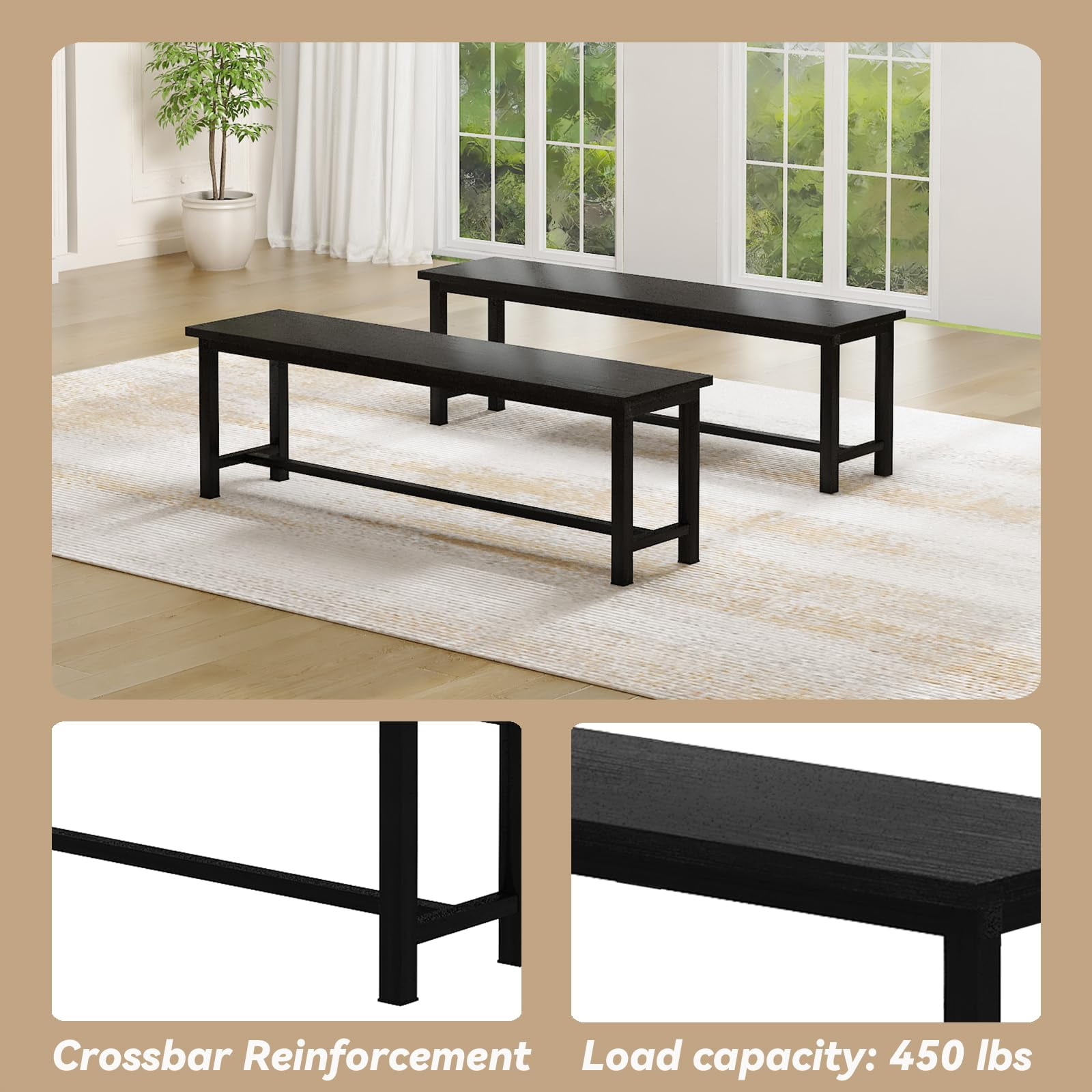 Cvortll Dining Room Table Set, Kitchen Table Set with 2 Benches, Ideal for Home, Kitchen and Dining Room, Breakfast Table of 43.3x23.6x28.5 inches, Benches of 38.5x11.8x17.5 inches, Black
