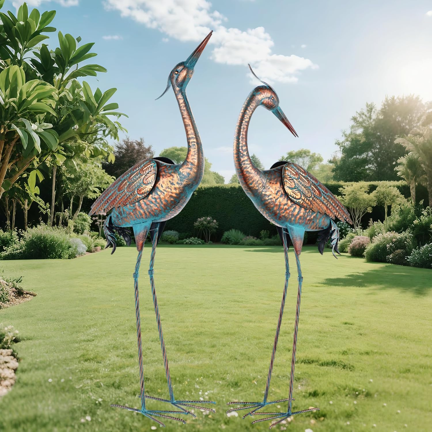 Garden Crane Statues Blue Heron Metal Yard Art Outdoor Decoration,Large Sculptures for Lawn Patio Porch,39-44 inch,Set of 2