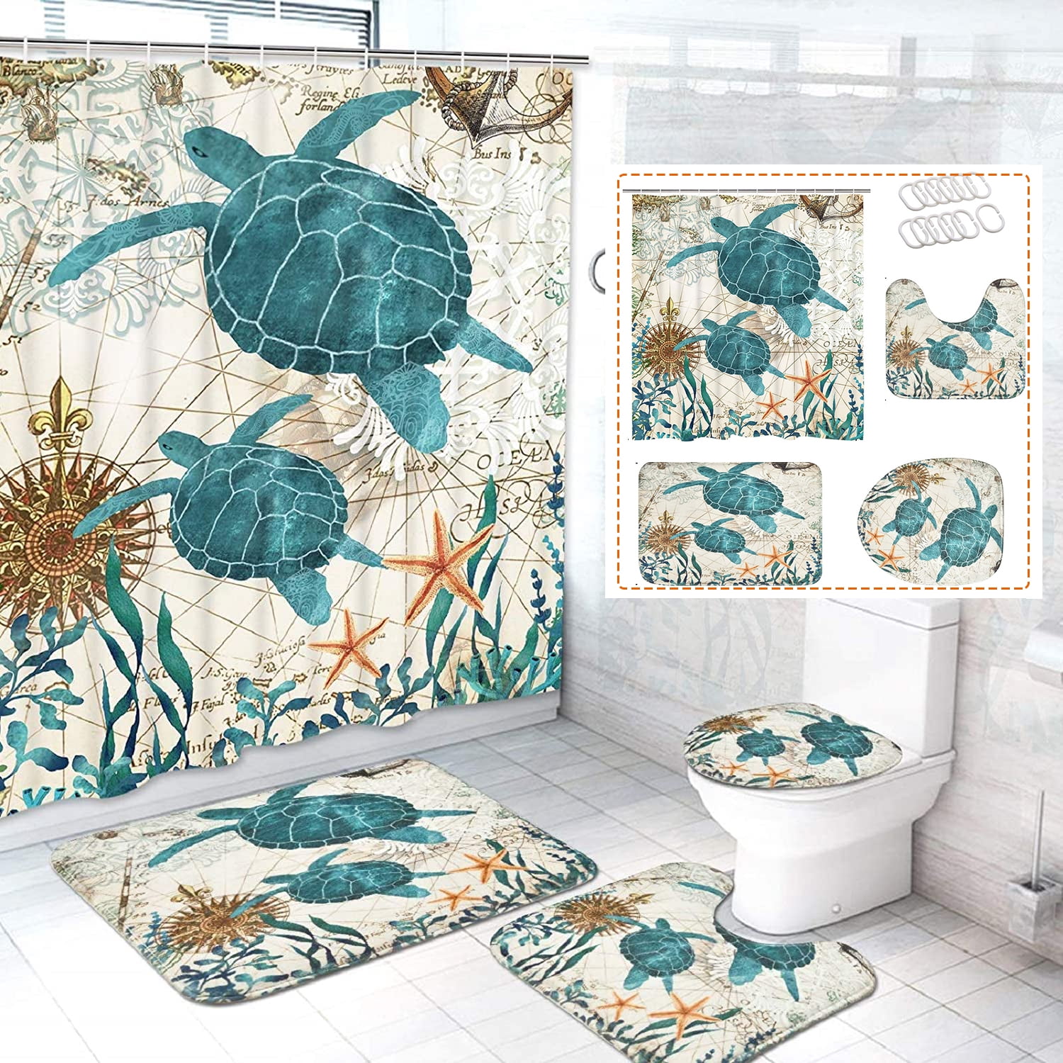 Fanny Green Turtles Graffiti Shower Curtain Waterproof Fabric Bathroom Mat Hooks 