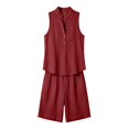 thumbnail image 7 of Guieoi Matching Tank and Shorts Set Summer Loose-Fit Casual Cotton-Linen Collared Sleeveless Half-Button Outfit Red L, 7 of 7