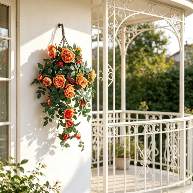 Flores colgantes de cesta de rosas artificiales para decoración tanto en exteriores como en interiores con enredaderas artificiales Arreglo floral de seda sin mantenimiento