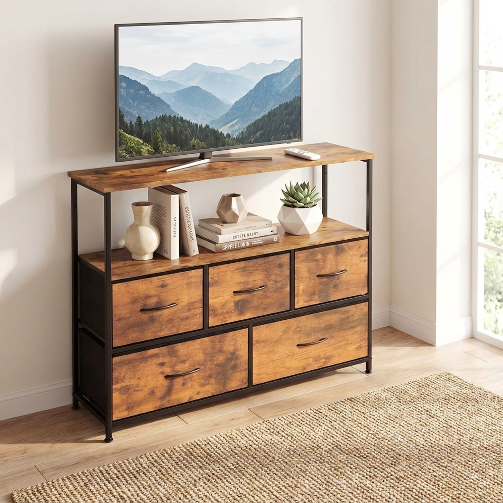 Furnibear TV Stand Dresser Entertainment Center for 45 Inch TV with 5 Fabric Drawers and Open Storage Shelf for Living Room Bedroom, Brown
