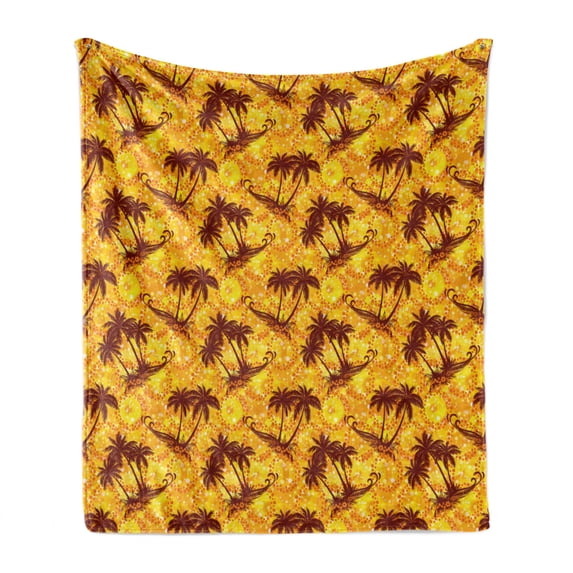 Hawaiian Soft Flannel Fleece Blanket, Ocean Sea Island Themed Pattern with Palm Trees on Vivid Circled Backdrop, Cozy Plush for Indoor and Outdoor Use, 50" x 60", Marigold and Brown, by Ambesonne