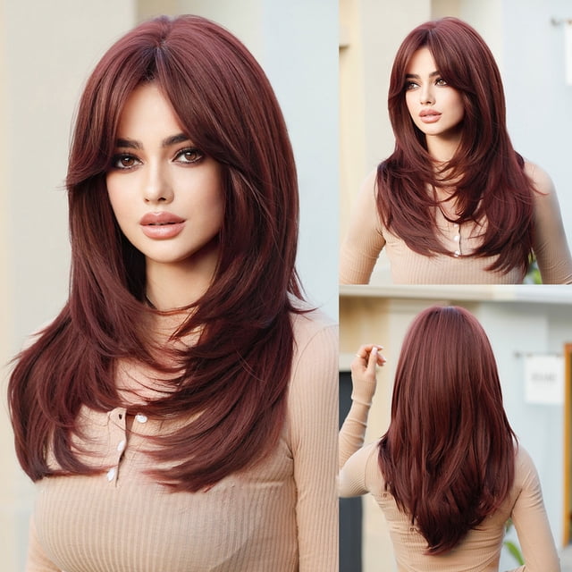 Long Wig Human Hair with Bangs and Wig Cap Glueless Straight Curly Natural Layered Synthetic Wigs 25 Inch