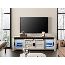 Farmhouse Modern Wood Entertainment Center with blue LED light for 75 Inch TV, Media TV Console with Sliding Barn Door and Storage Shelf for Living Room Bedroom，Wihte