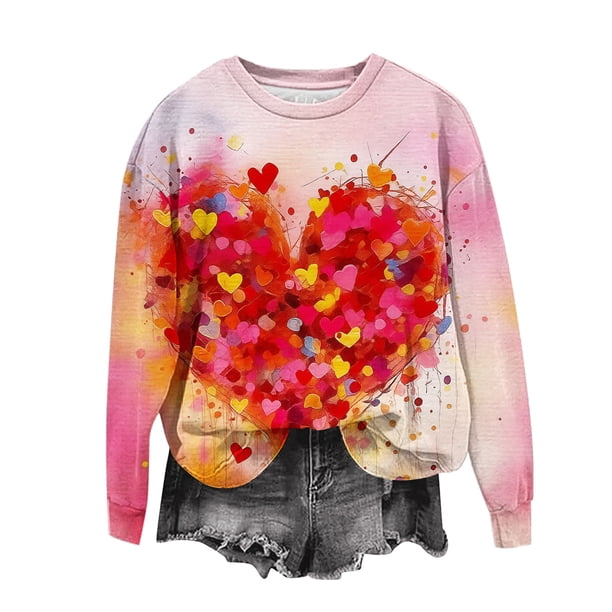 Mujeres de Manga Larga Tops Casual en Forma de Corazón Impresión Cuello Redondo Blusa Casual Suave, Verano de Manga Larga Tops para Mujeres