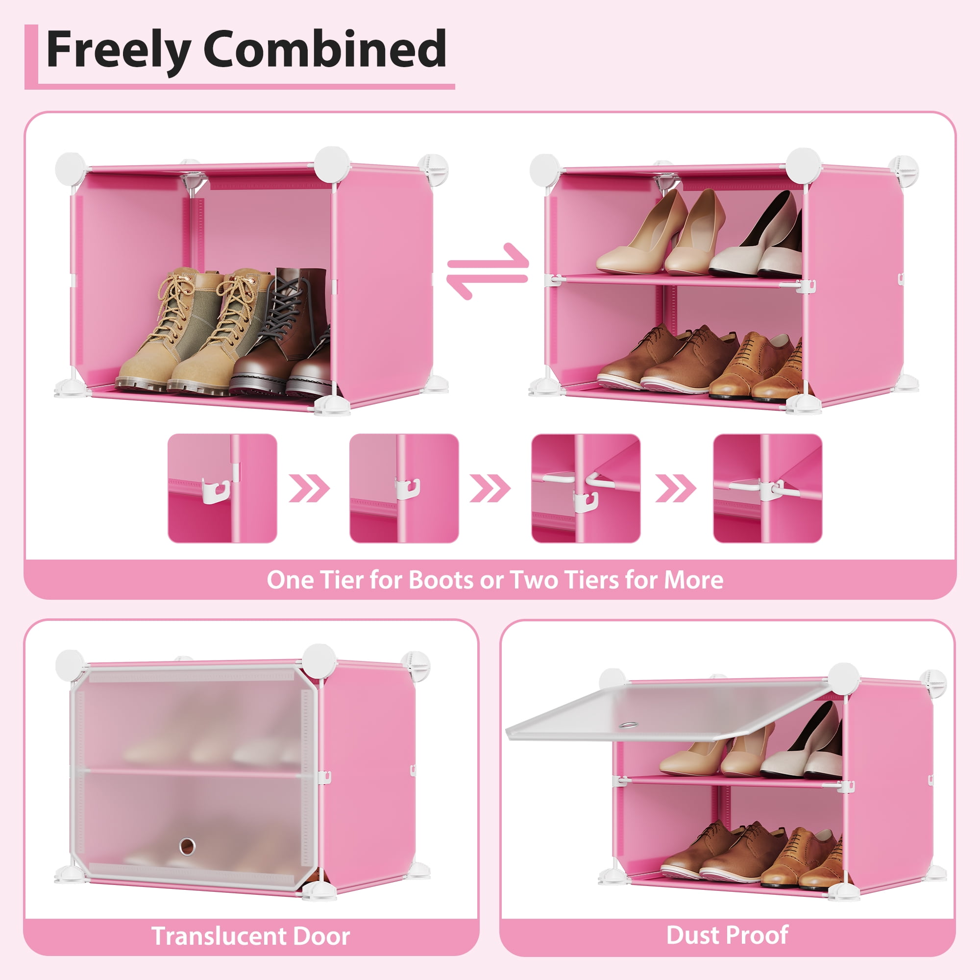 Modular 6-Cube Shoe Storage Cabinet with Doors – 6-Tier Plastic Shoe Organizer – Space-Saving – Easy DIY Assembly – for Entryway, Bedroom, Living Room – Pink
