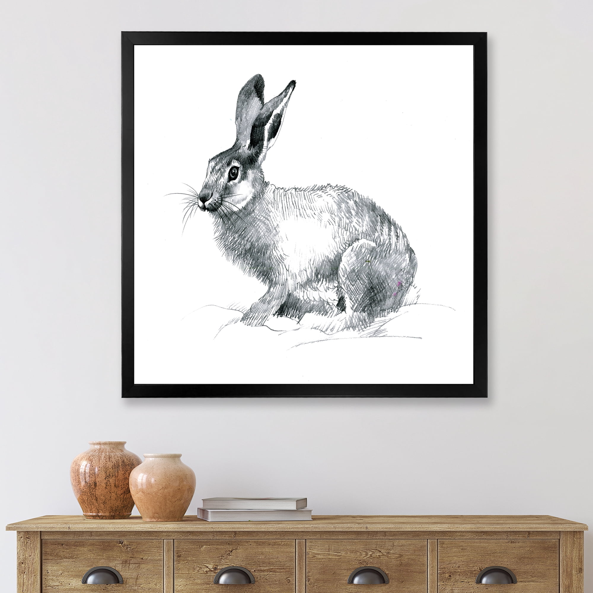 Designart 'Black and White Portrait Of Rabbit' Farmhouse Framed Art Print