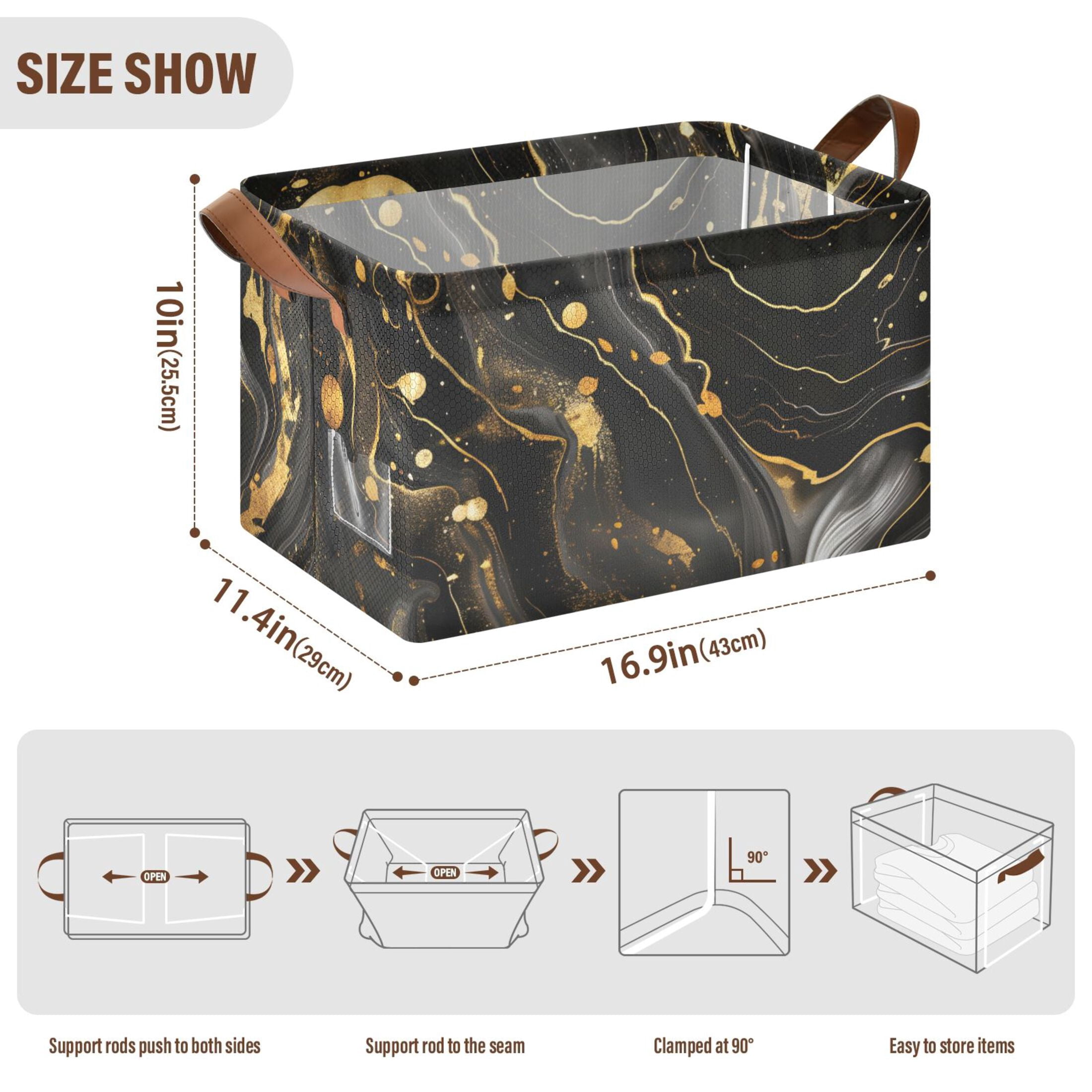 Ryvnso Luxury Black and Gold Marble Storage Bins Large Basket Foldable Cube Toys Organizer with Handles 2 PCs