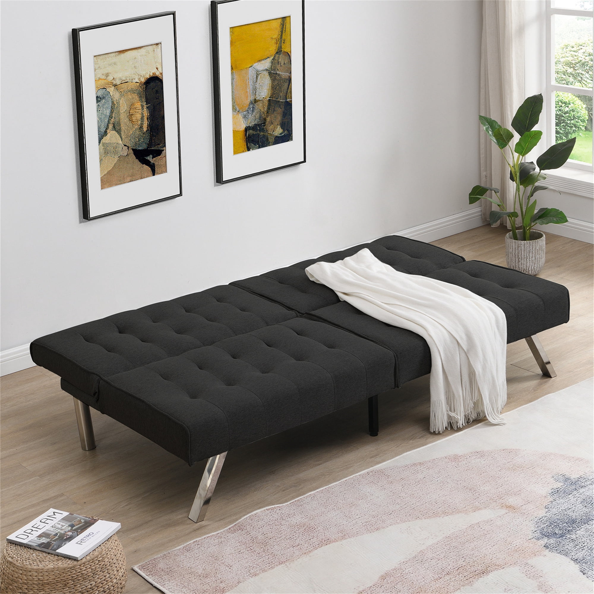 Aukfa 67" Tufted Futon Convertible Sofa Bed Separate Back Chaise Couch for Home Office, Linen, Black
