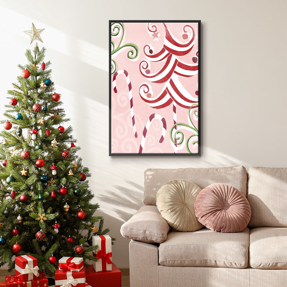 Candy Cane Holiday II - Framed Gallery Wrapped Holiday Canvas - 27 x 41 - Black Frame