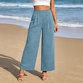thumbnail image 5 of ctdiral Womens High Waist Button Pleated Pants Elastic Waist Wide Leg Pants Solid Color Straight Trousers with Pockets Summer Lounge Going Out Pants Light Blue M, 5 of 8