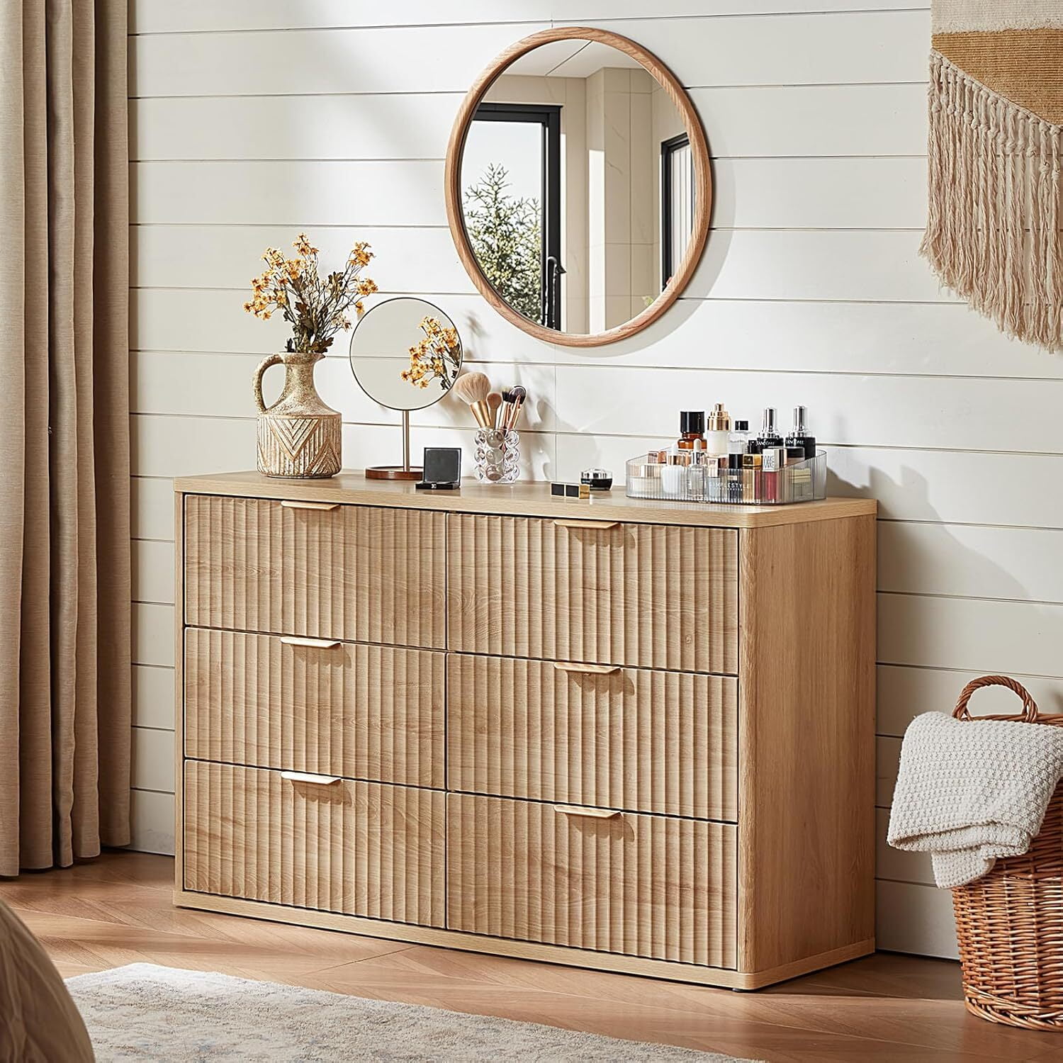 6 Drawer Dresser for Bedroom, 48" Width Fluted Wood Chest of Drawer with Golden Embedded Handles for Living Room, Natural Oak