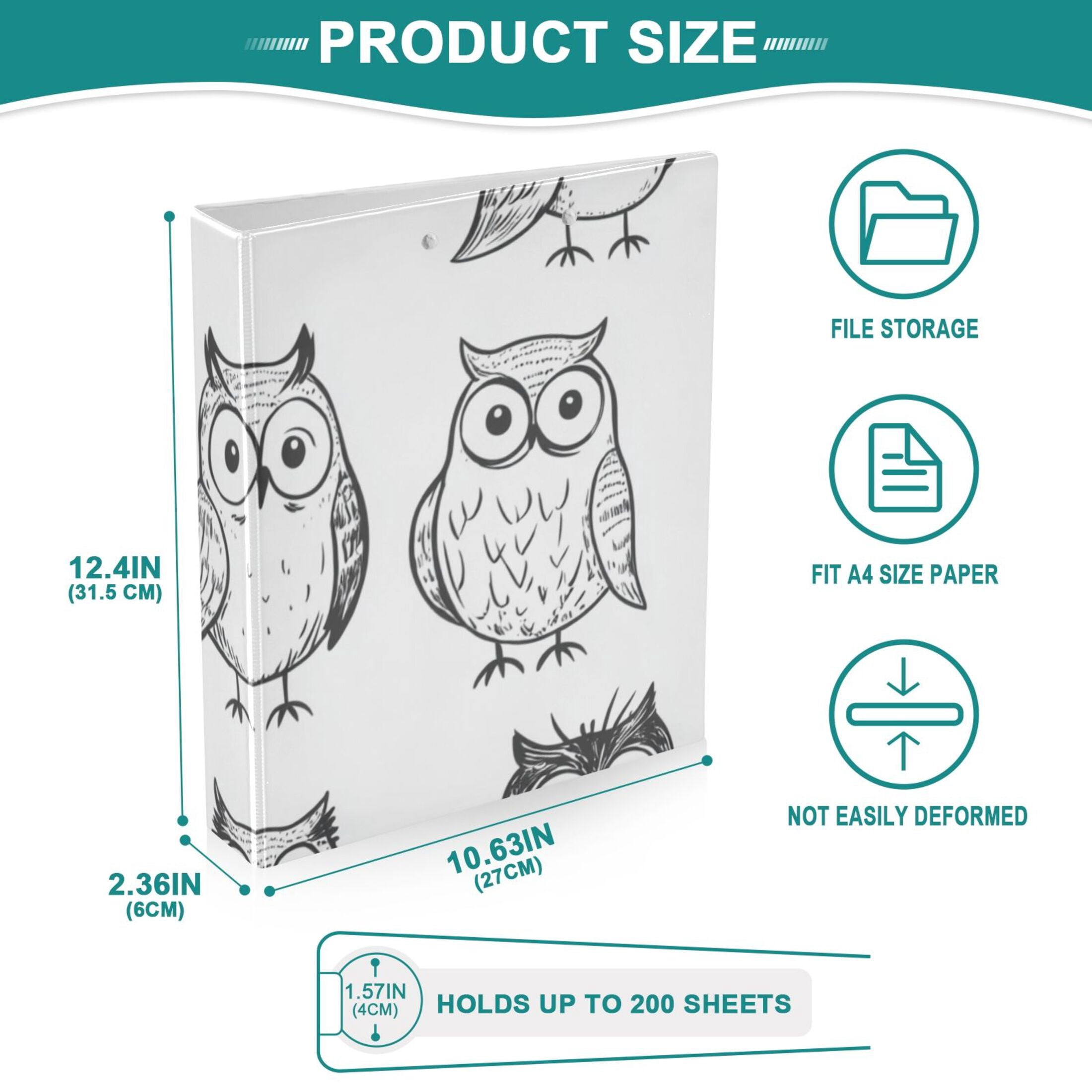 One Line Owls Cartoon 3 Ring Binders 1.5 inch Hardcover File Folders with Interior Pockets A4 Size Organizer for School Office Hospital