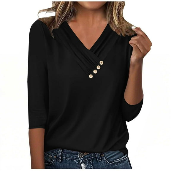Mittory Women's 3/4 Sleeve V Neck Dressy Tunic Tops Loose Fit Pleated Tees Casual Blouses
