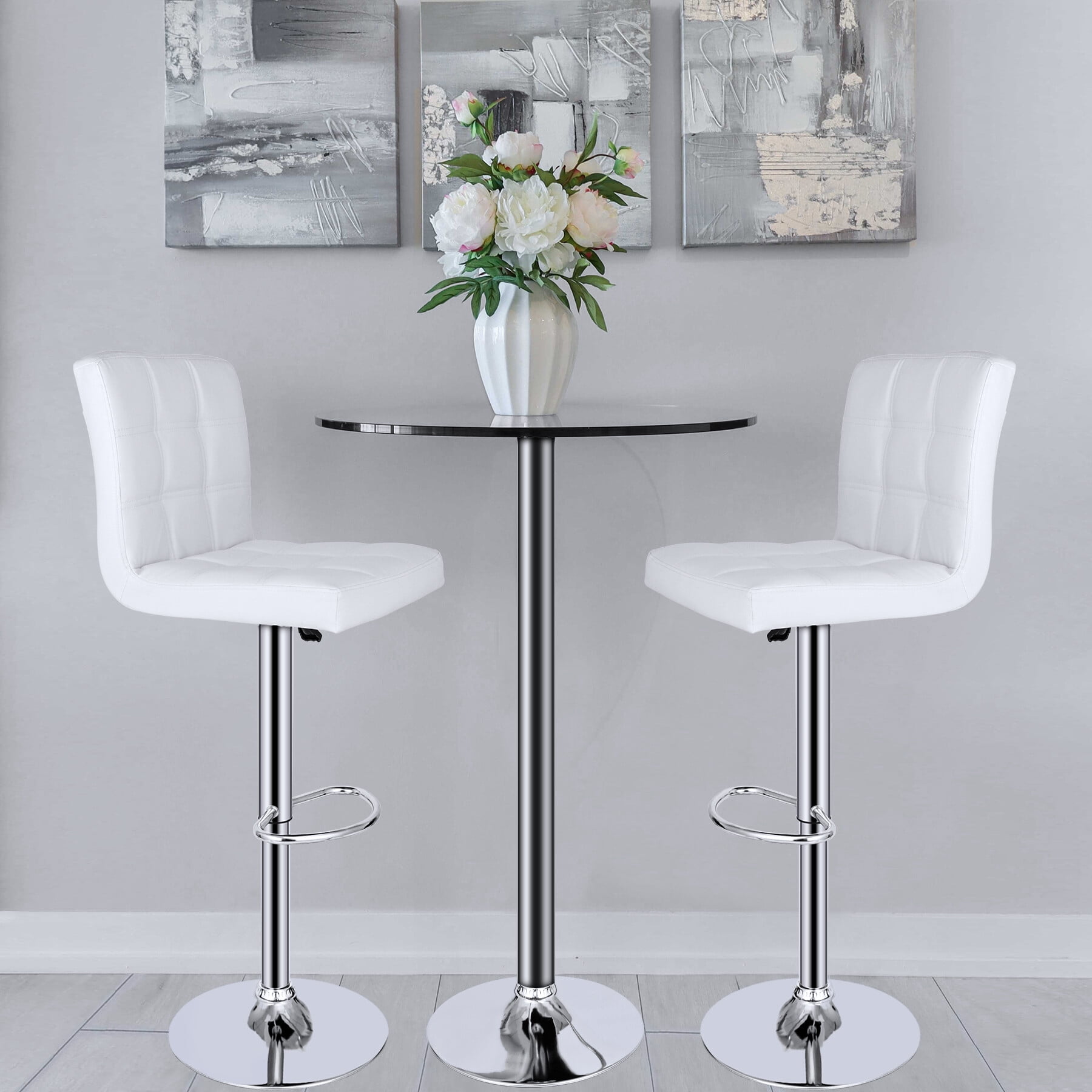ZenSports Set of 4 Adjustable Stool W/Back - PU Leather Swivel Barstools Bar Kitchen Counter Stool White